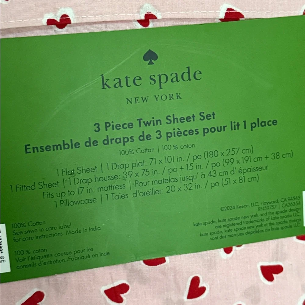 kate spade pink and red heart twin sheet set. 100% cotton.